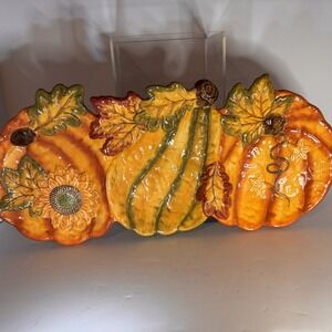 Burton & Burton 18" Fall Ceramic Pumpkin Serving Platter Embossed Sunflower Tray